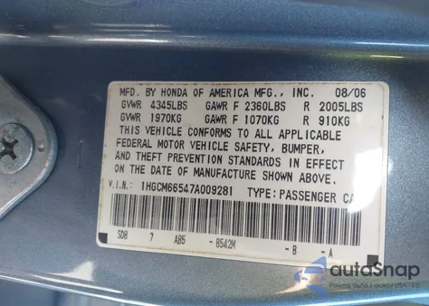 2007 Honda Accord 3.0 Ex from USA, damaged, VIN 1HGCM66547A009281